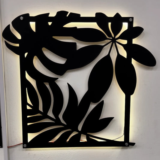 3D Jungle Leaves Wall Decor with LED Neon Light 32x16 Inches MDF Art | Islamic Gifts Shop Saudi Arabia