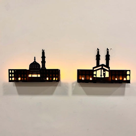 3D Islamic Wooden Shelves Khana Kaba and Roza Rasool ﷺ Wall Shelf Decor with LED Candles