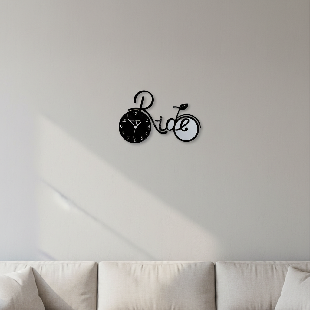 Bicycle-shaped clock with 'Ride' text on a white background