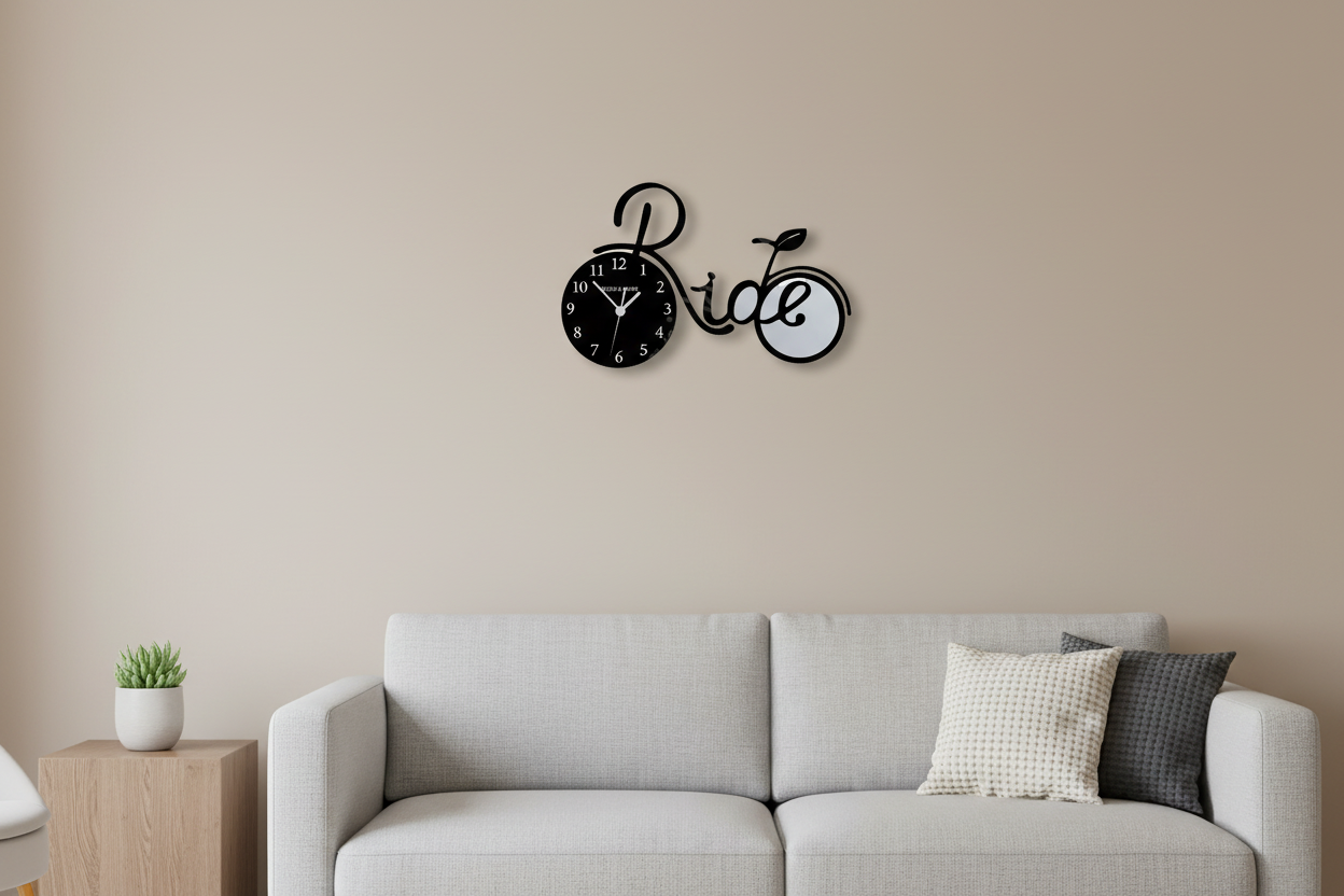 Bicycle-shaped clock with 'Ride' text on a white background