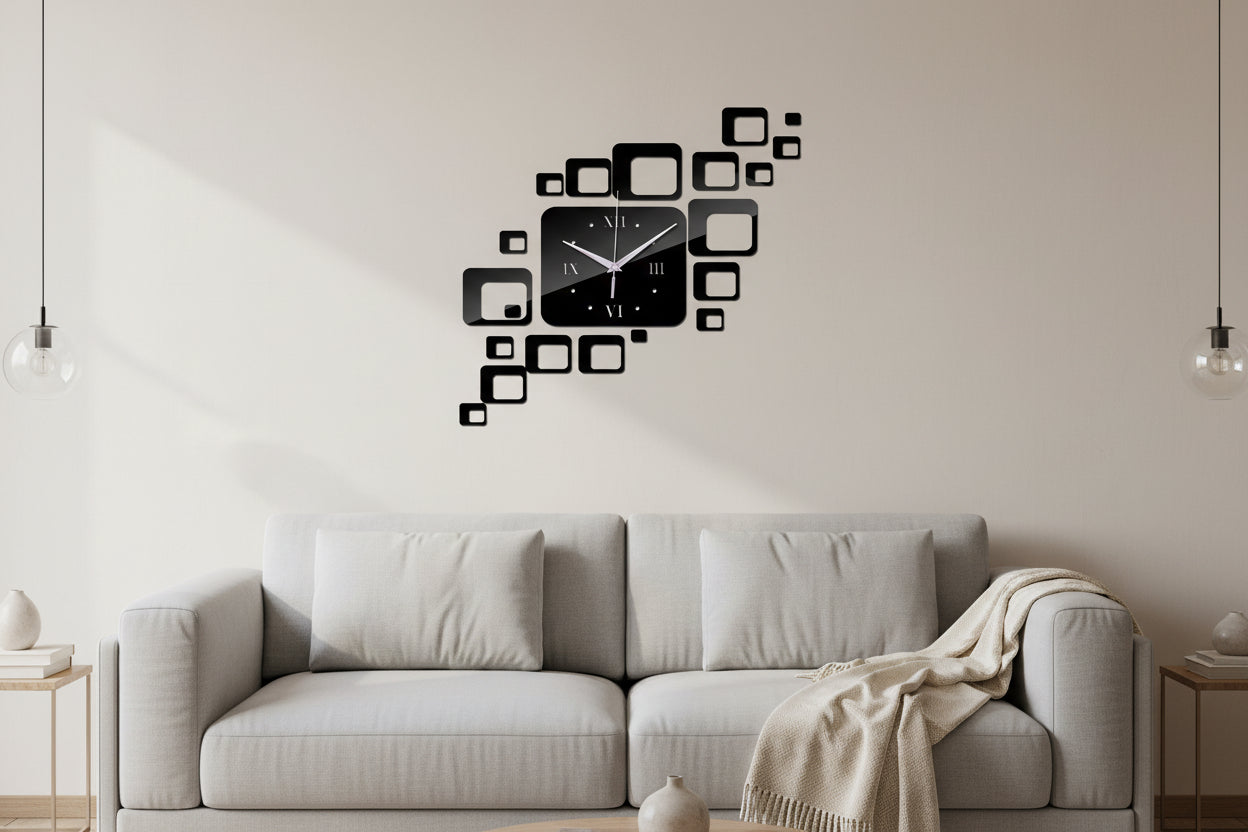 Black square wall clock with decorative square decals on a light gray background