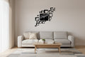 Black square wall clock with decorative square decals on a light gray background