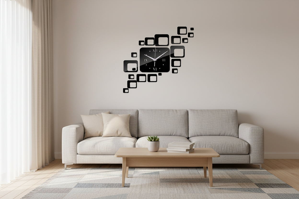 Black square wall clock with decorative square decals on a light gray background
