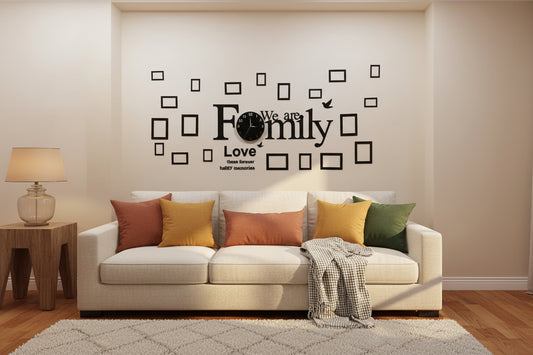 Wall decal with 'We are Family' text on a wall, branded by Pyariwalls.com