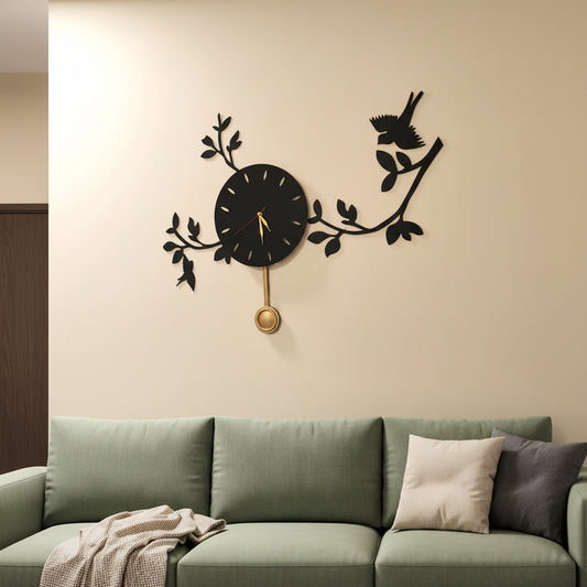 Birds on Branches Scenic Pendulum Wall Clock Wooden Home Decor