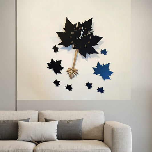 Black Maple Leaf Wall Clock with Pendulum 51 x 91 cm MDF Wood Decorative Wall Clock