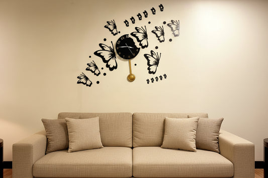 Woman wearing a face mask in front of a wall clock with butterfly decorations.