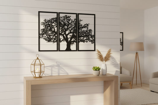 3-Panel Tree Wall Decor Engraved MDF Wooden Wall Art for Saudi Homes 91.4 x 61 cm
