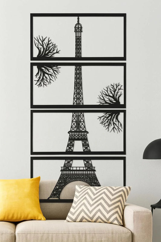 Eiffel Tower Wall Decor 122 x 86 cm 4‑Piece Black Wooden Art for Home and Office