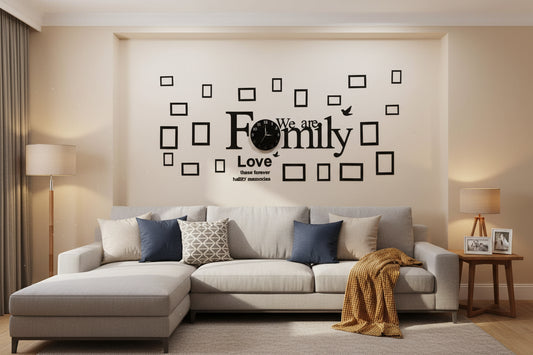 Wall decal with 'We are Family' text on a wall, branded by Pyariwalls.com